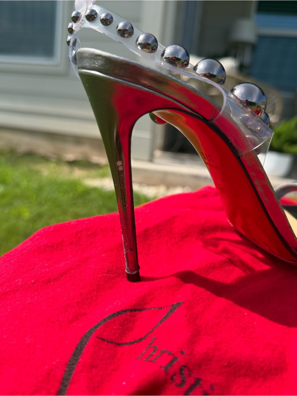 Christian Louboutin Silver Metallic and Clear Studded Stiletto Sandals - Picture 7 of 12